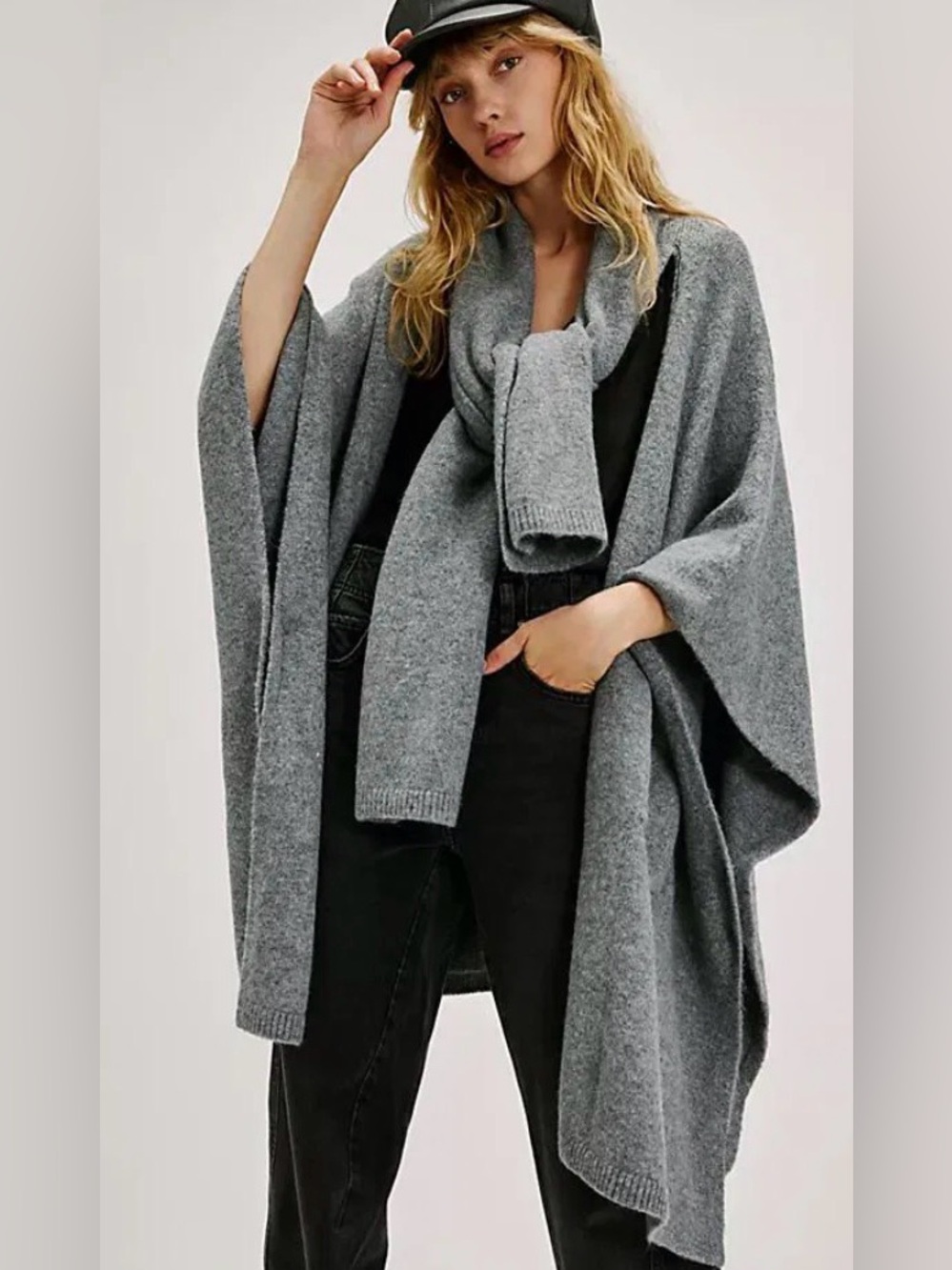 NWT Free People Ellie Scarf Wrap Kimono Duster Gray Cozy One Size - Picture 1 of 9
